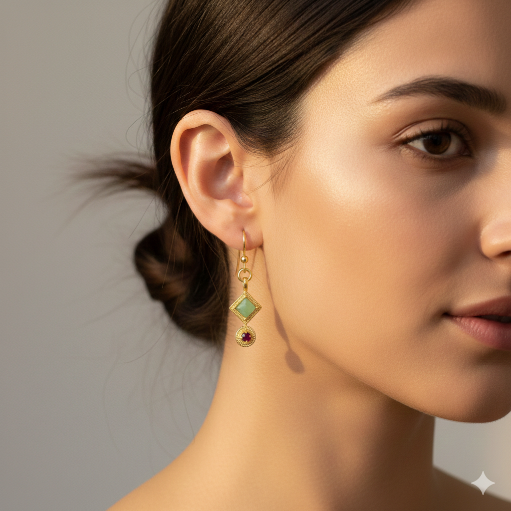 Boucles d'oreilles Ethnique Chrysoprase & Grenat